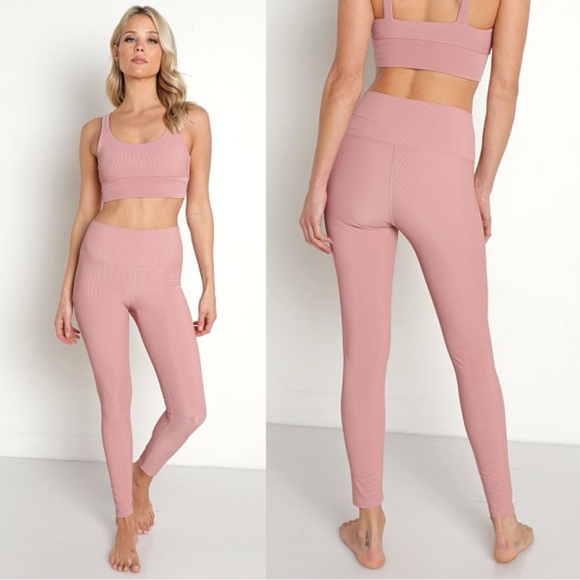 Beach Riot Pants - Beach Riot Ayla Ribbed Legging and Leah Sports Bra in Light Pink SET